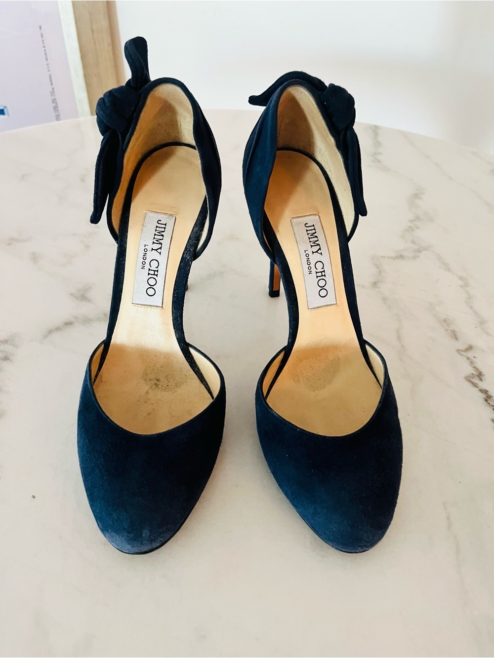 Jimmy Choo Navy Blue Suede Bow Accent Pumps